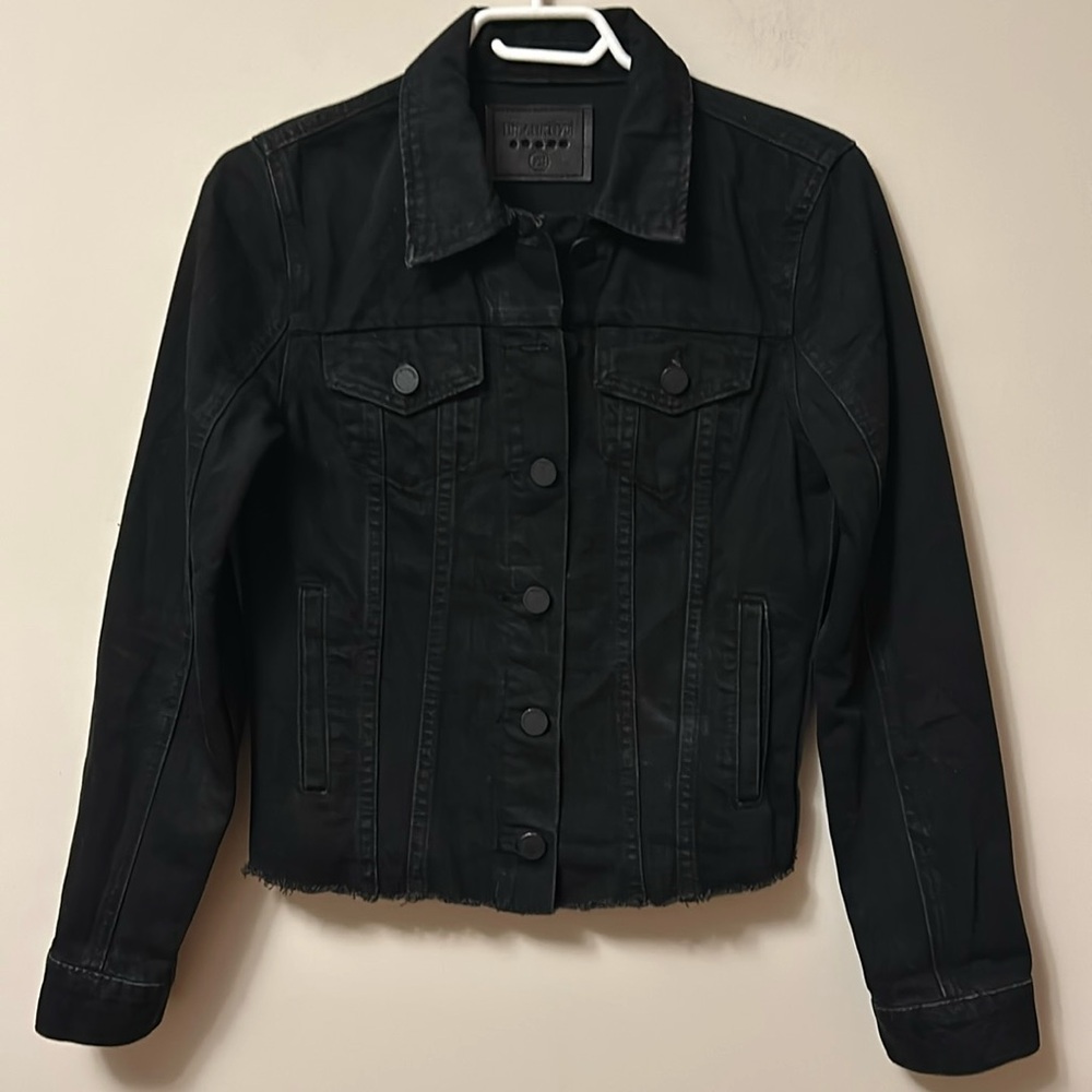 Blanknyc black denim jacket button front and cuffs frayed hemline size XS